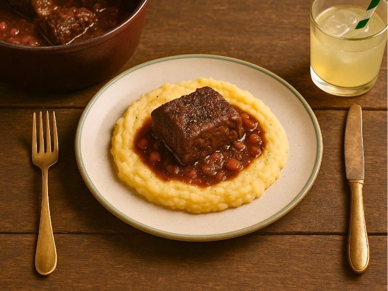 Yummy Braised Beef Short Ribs With Mashed Potatoes From Dutch Oven Served On A Picnic Table