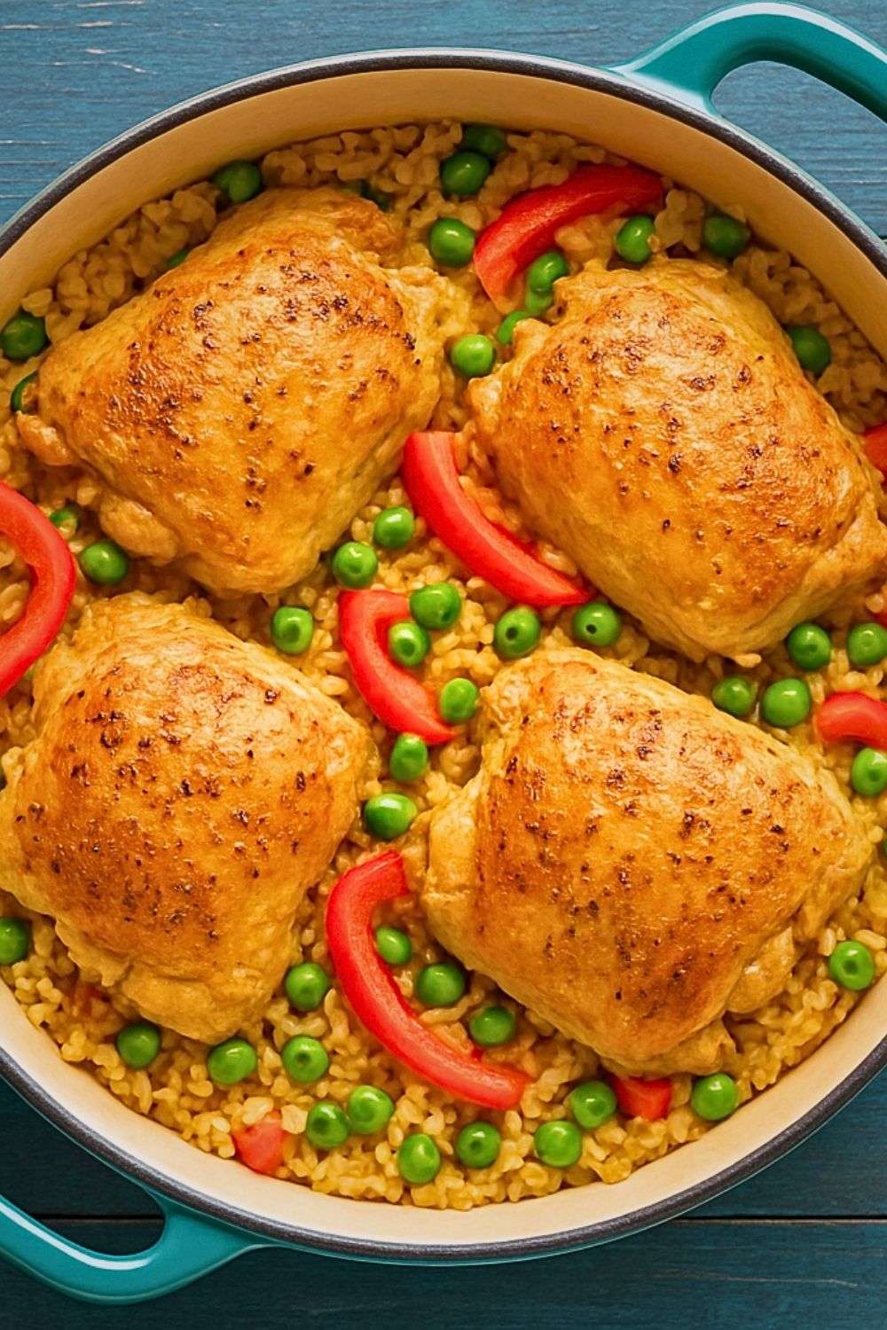 This Chicken and Rice Dutch Oven recipe makes a cozy, one-pot meal with tender chicken thighs, fluffy rice, sweet peas, and savory seasoning.