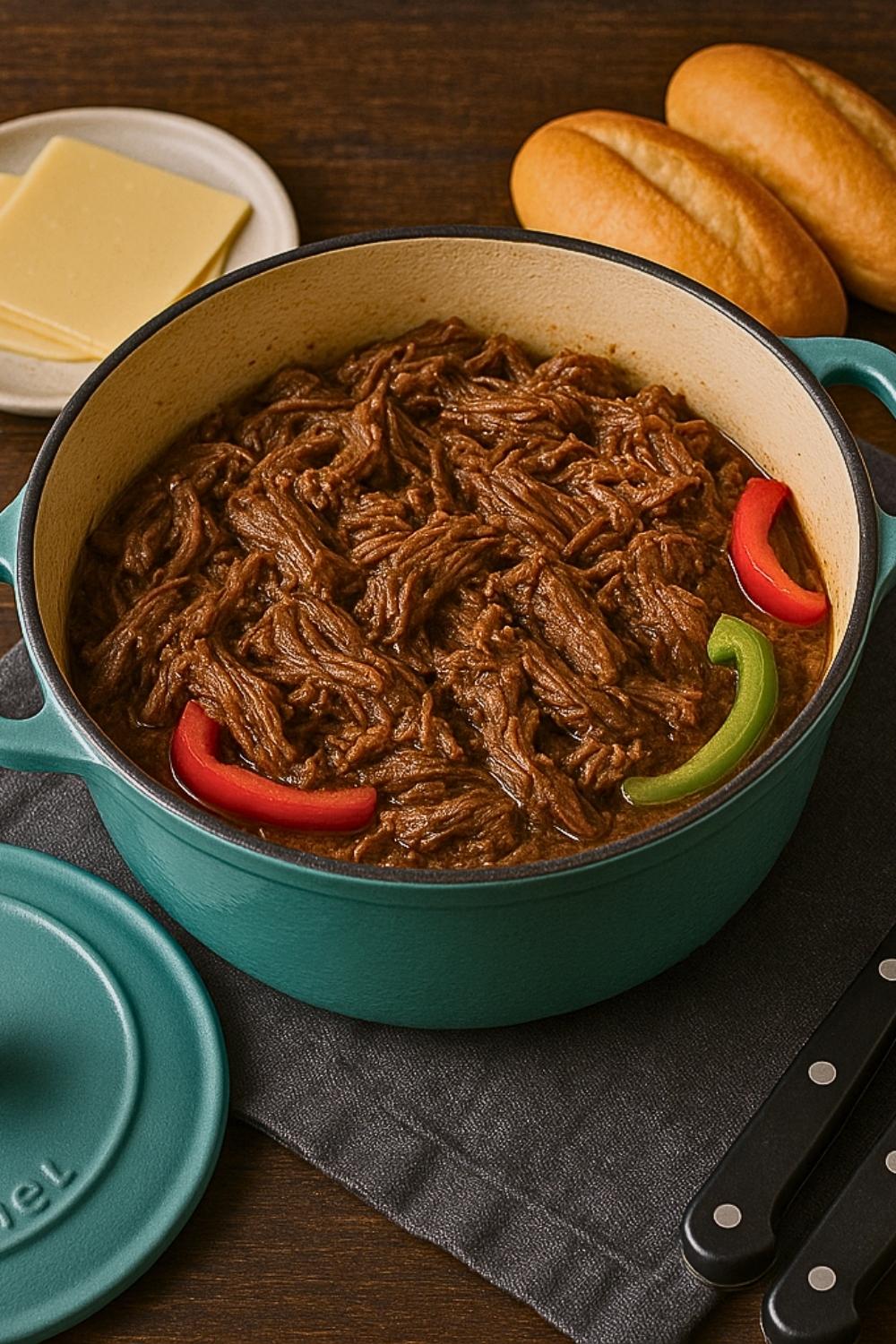 This Italian Beef Dutch Oven recipe makes tender, juicy shredded beef with peppers and pepperoncini, perfect for hearty sandwiches and cozy dinners.