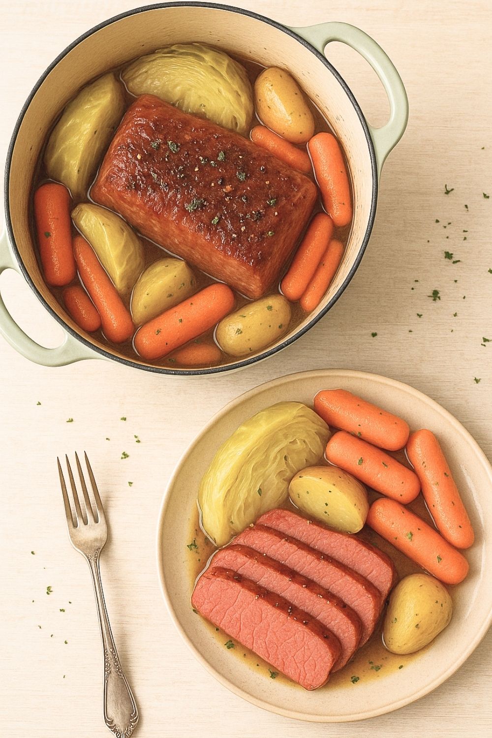 Cozy and flavorful Corned Beef and Cabbage Dutch Oven with carrots, potatoes, and a thyme twist. A classic family meal that's perfect for Sunday dinner.