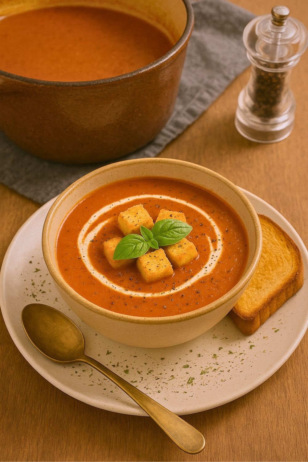 This Dutch Oven Tomato Soup is quick, creamy, and comforting. It is made with canned tomatoes, garlic, and cream. Perfect for busy weeknight dinners.