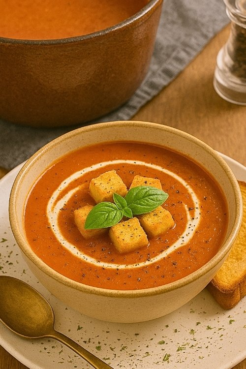 This Dutch Oven Tomato Soup is quick, creamy, and comforting. It is made with canned tomatoes, garlic, and cream. Perfect for busy weeknight dinners.
