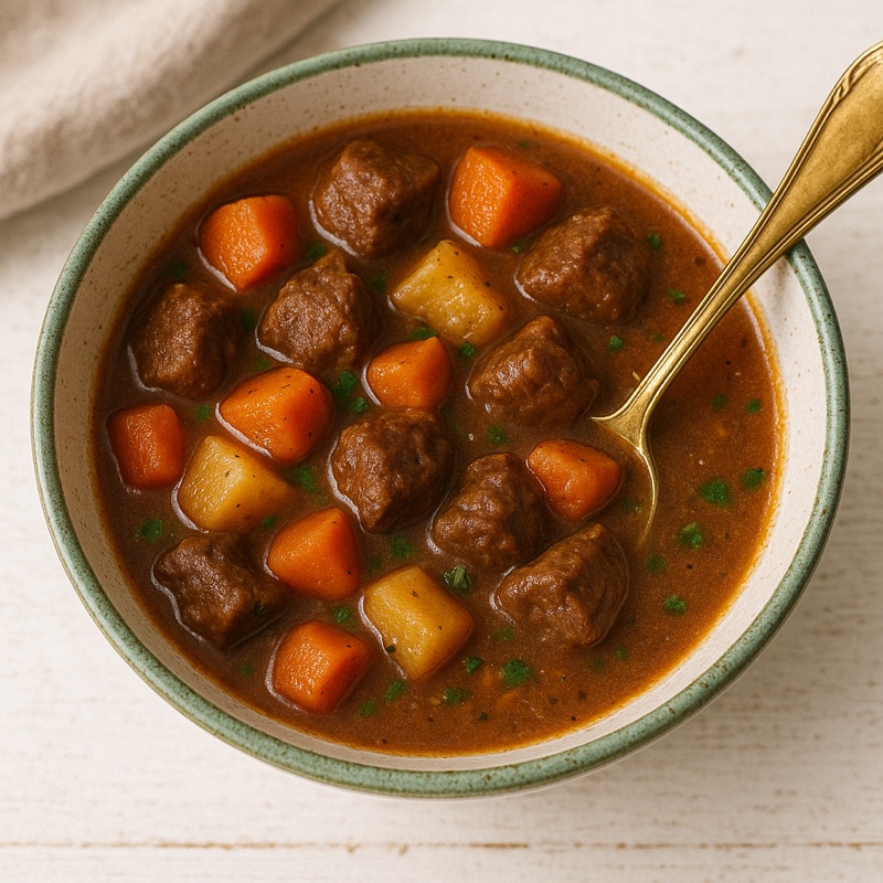 Delicious Beef Stew From Dutch Oven Served In A Pretty Bowl In My Kitchen