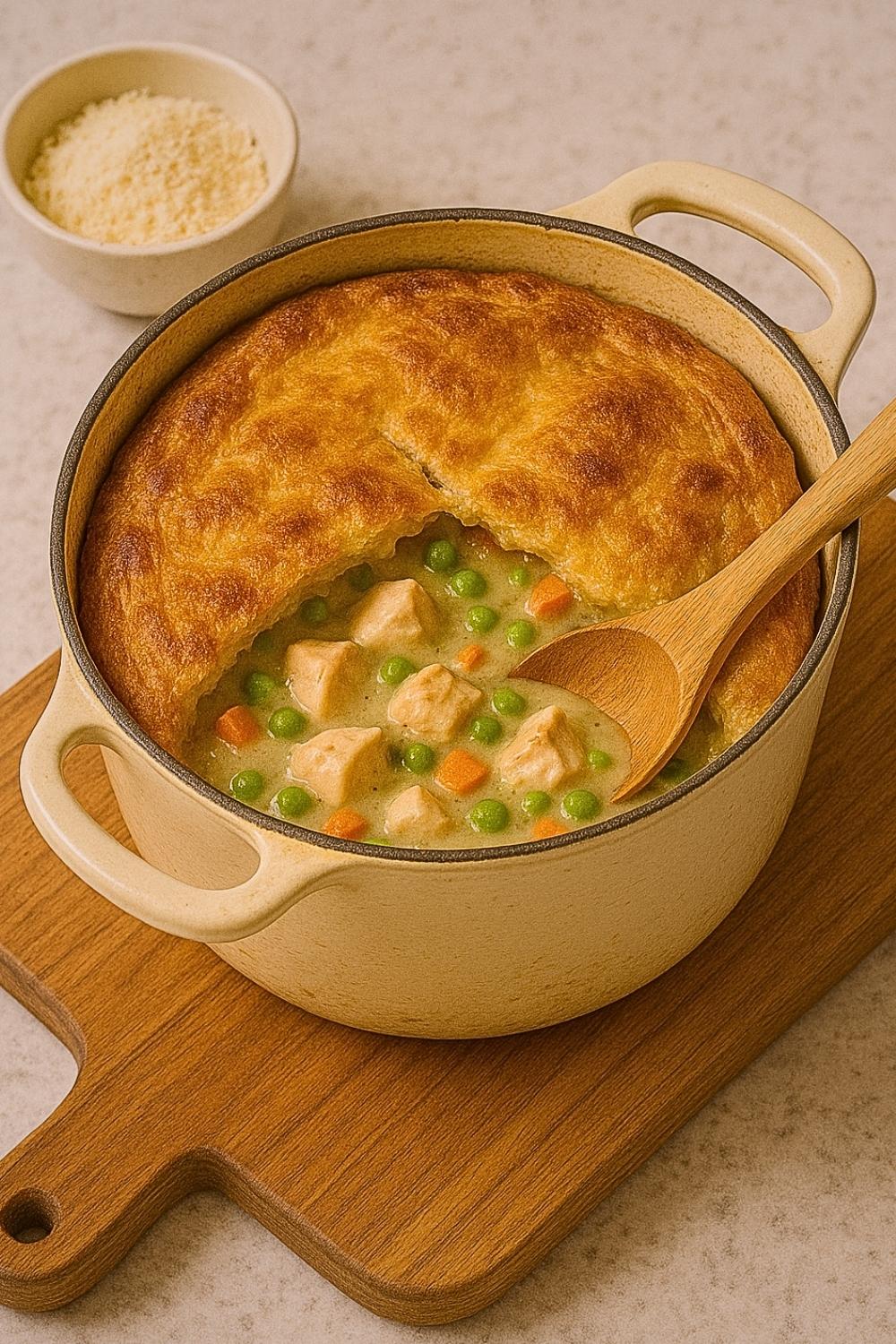 This cozy Chicken Pot Pie Dutch Oven has a creamy filling, tender chicken, and golden puff pastry topping. Perfect for an easy, comforting dinner.