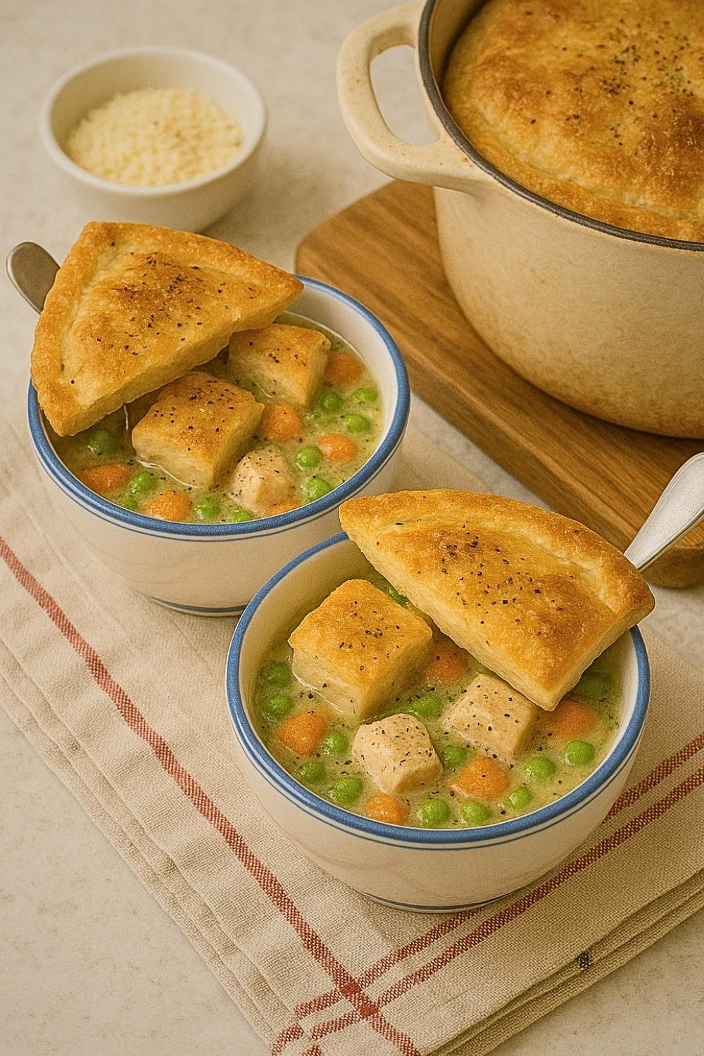 Chicken pot Pie Dutch Oven Served In White Bowls With Parmesan Cheese In My Kitchen