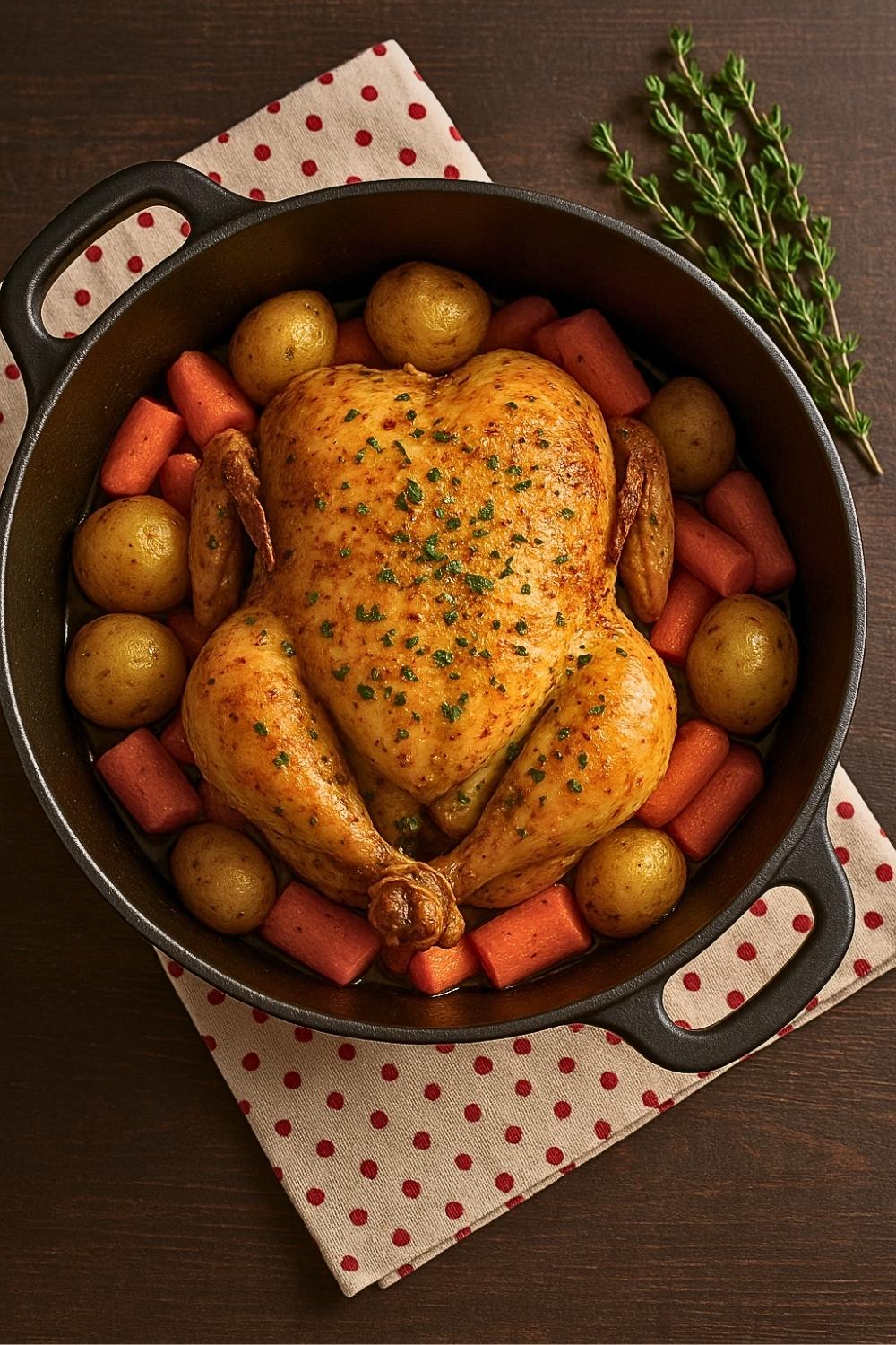 This Dutch Oven Whole Chicken recipe creates tender, juicy chicken with crispy skin and roasted vegetables. Perfect for a hearty family dinner!