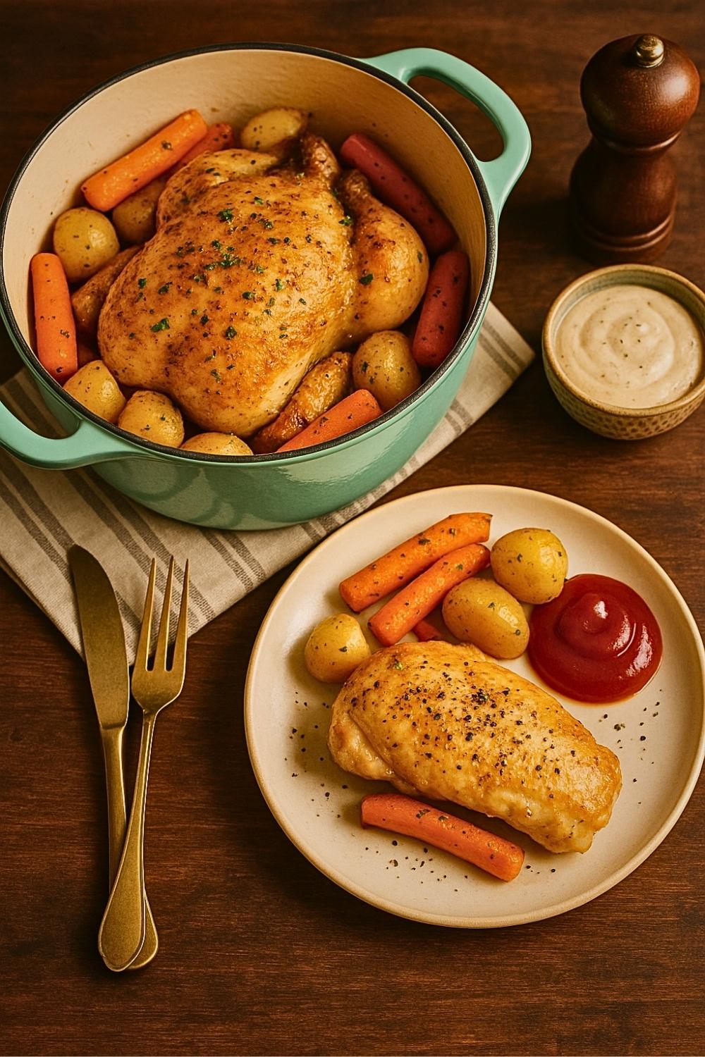 Whole chicken made in Dutch oven served with vegetables, yogurt dip and BBQ sauce