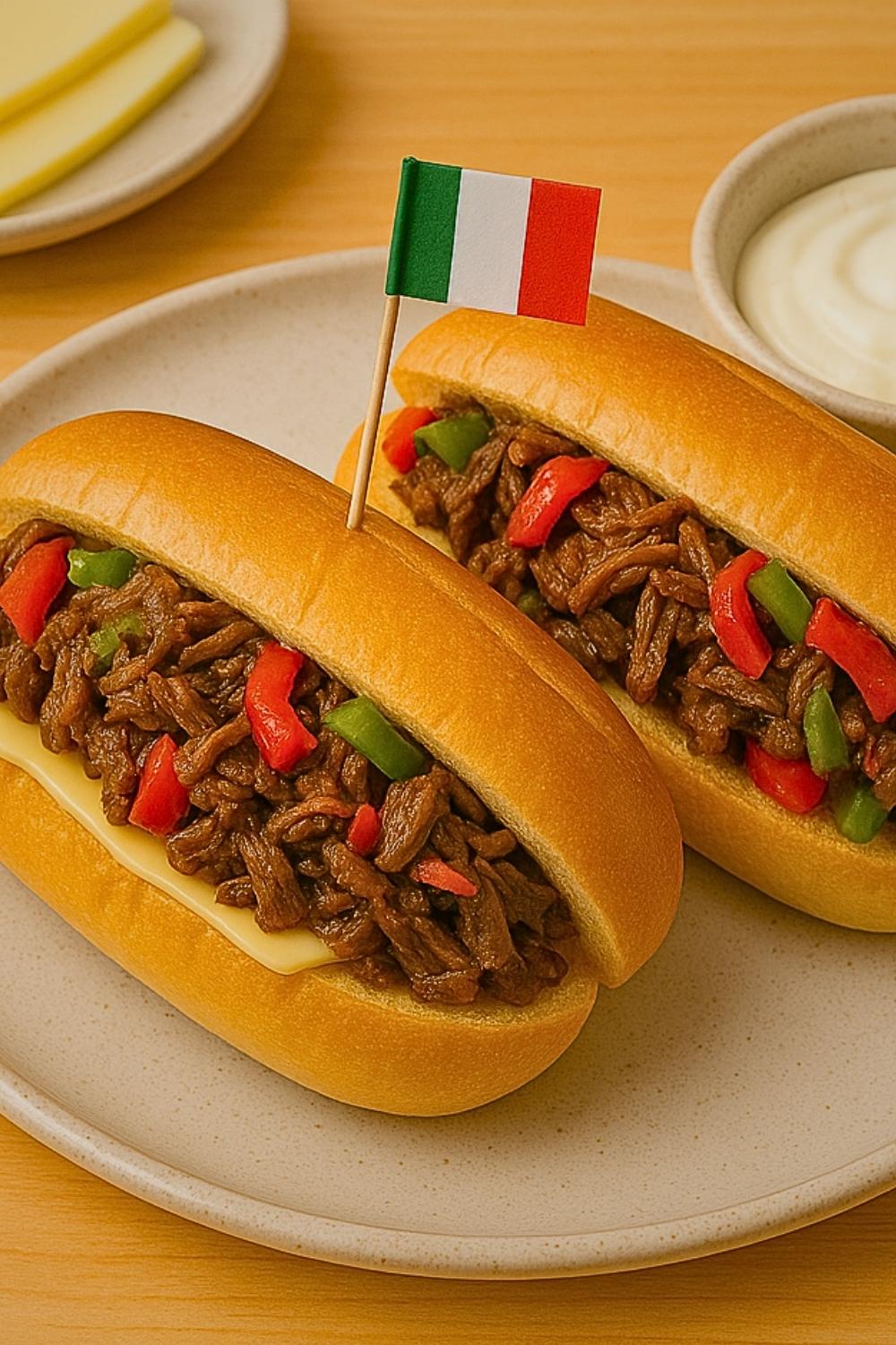 Delicious Italian Beef Served In Hoagie Rolls With Red And Green Pepper And Provolone Cheese And Yogurt Dip