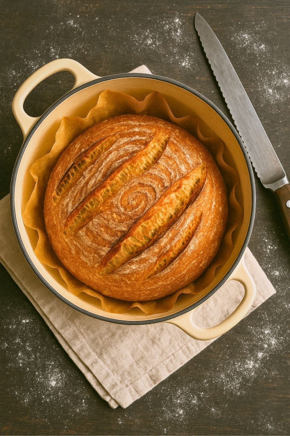 This Dutch Oven Sourdough Bread recipe uses a store-bought starter for an easy, crusty, homemade loaf with classic sourdough flavor.