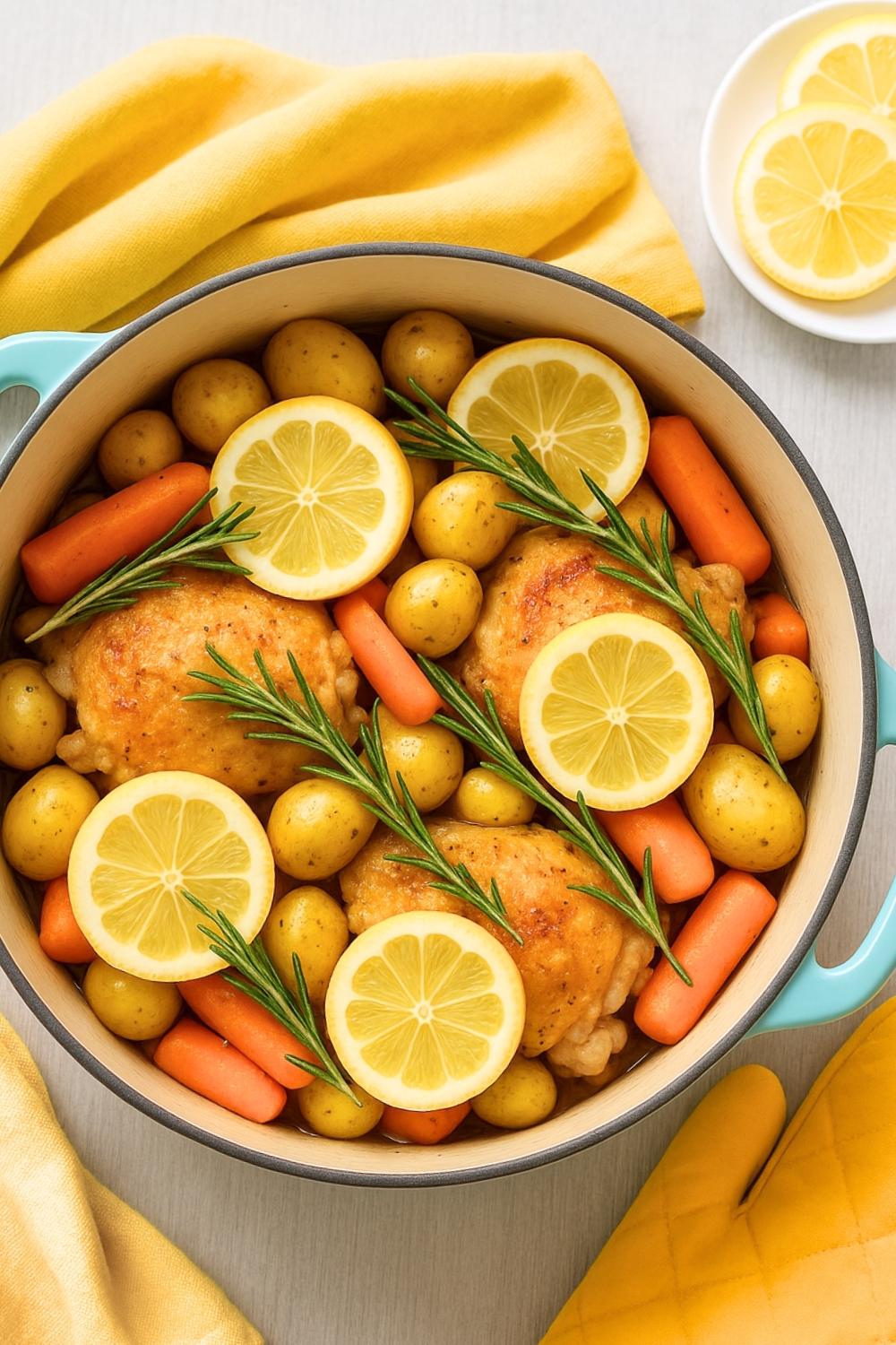 Juicy chicken thighs, potatoes, and carrots simmered in a lemony broth makes this Dutch Oven Lemon Chicken an easy, one-pot comfort meal everyone loves.