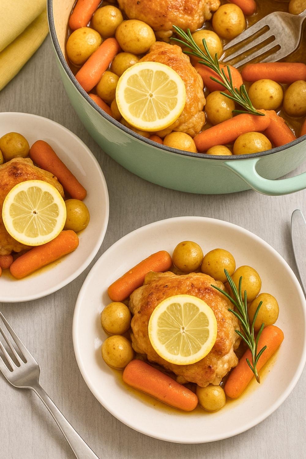 Juicy chicken thighs, potatoes, and carrots simmered in a lemony broth makes this Dutch Oven Lemon Chicken an easy, one-pot comfort meal everyone loves.