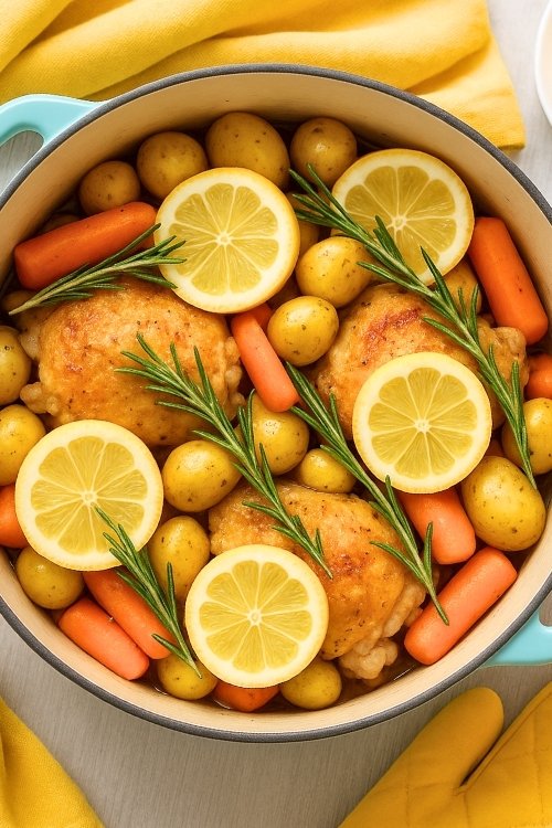 Juicy chicken thighs, potatoes, and carrots simmered in a lemony broth makes this Dutch Oven Lemon Chicken an easy, one-pot comfort meal everyone loves.