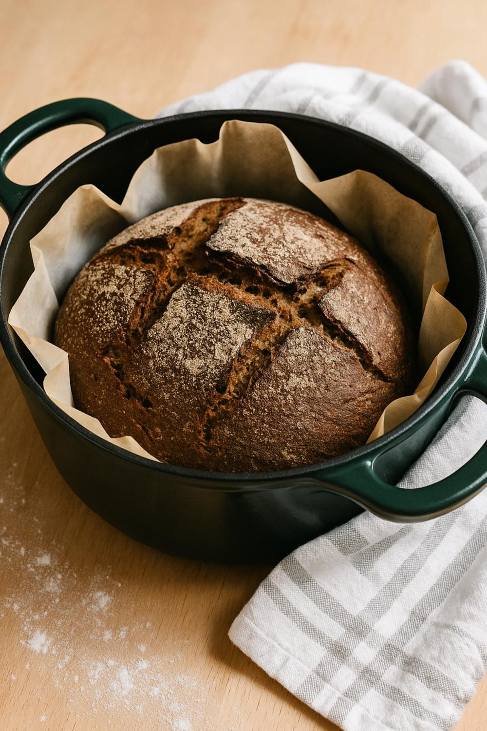 This Dutch Oven Rye Bread Recipe makes a rustic, hearty loaf with a chewy crust and earthy flavor. It is easy to bake and perfect for the whole family.