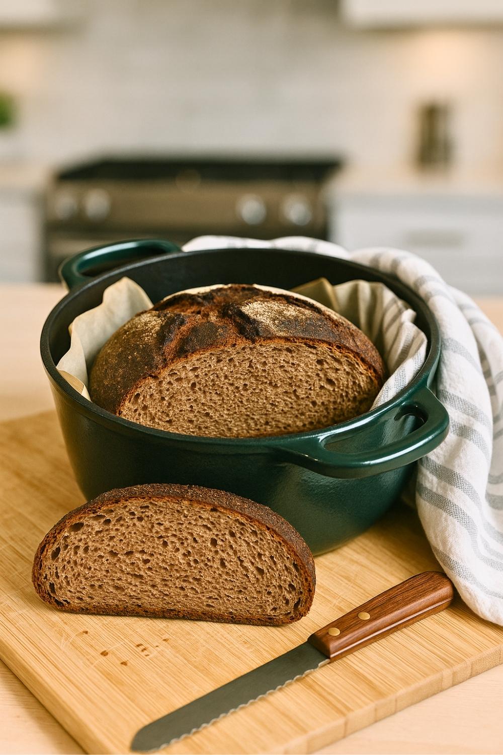 This Dutch Oven Rye Bread Recipe makes a rustic, hearty loaf with a chewy crust and earthy flavor. It is easy to bake and perfect for the whole family.