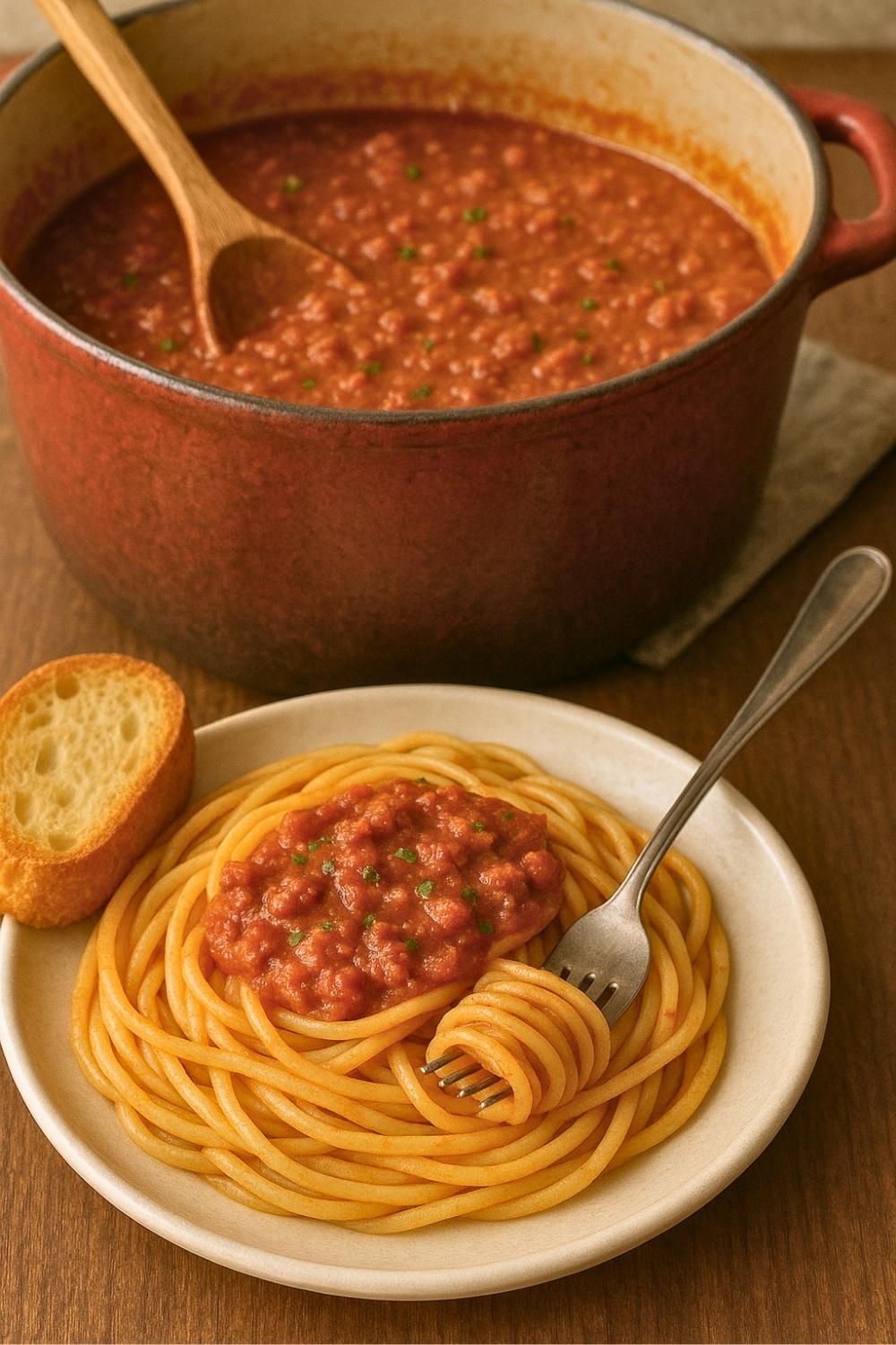This Dutch Oven Spaghetti Sauce is rich, slow-simmered, and packed with flavor from ground beef, Italian sausage, and herbs, and perfect for pasta night.