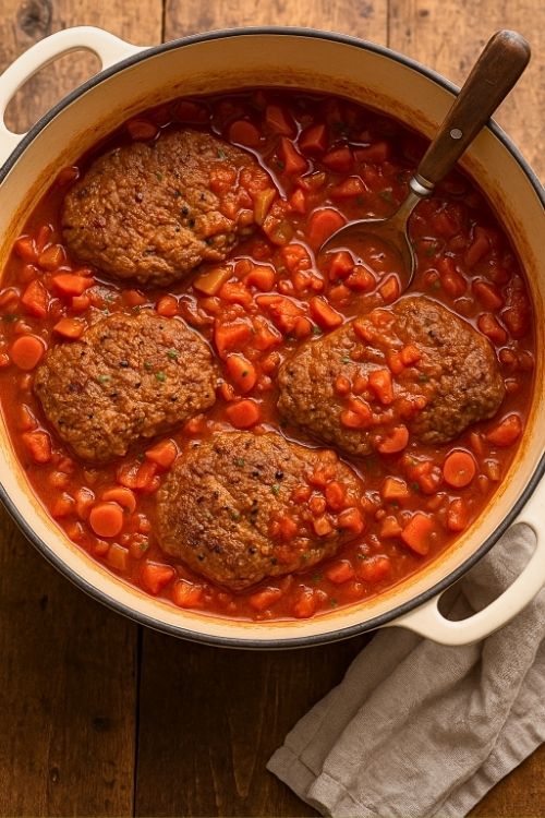 This Dutch Oven Swiss Steak is tender, savory, and slow-baked in a rich tomato gravy. It is just like Mom used to make, all in one comforting pot.